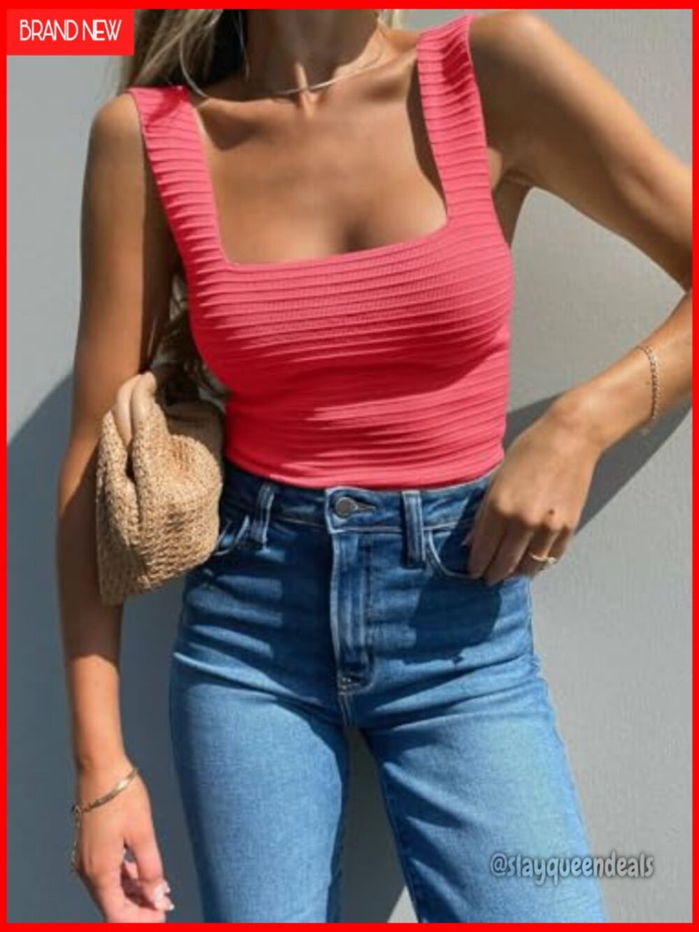 Ribbed Square Neck Tank Top Sleeveless Slim Fit Knit Summer - Picture 3 of 7